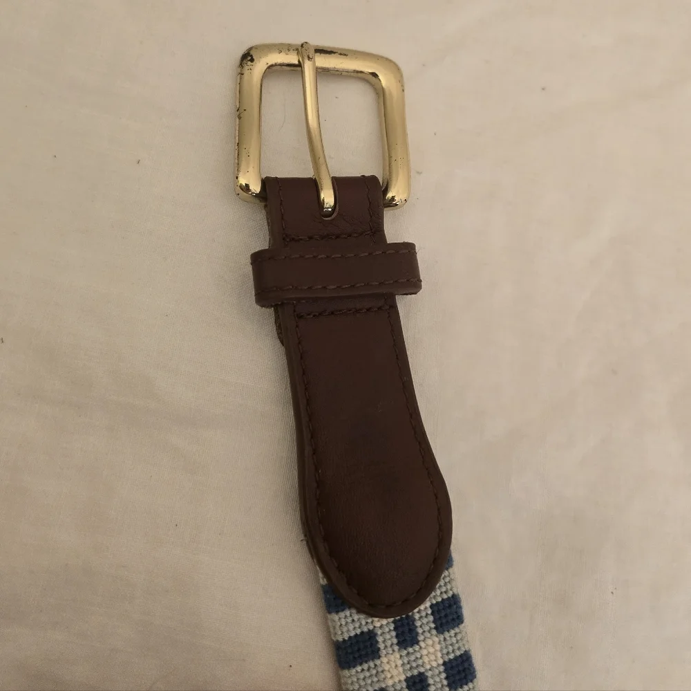 Men's Blue Checked Needlepoint Belt with Red Elephant Accent